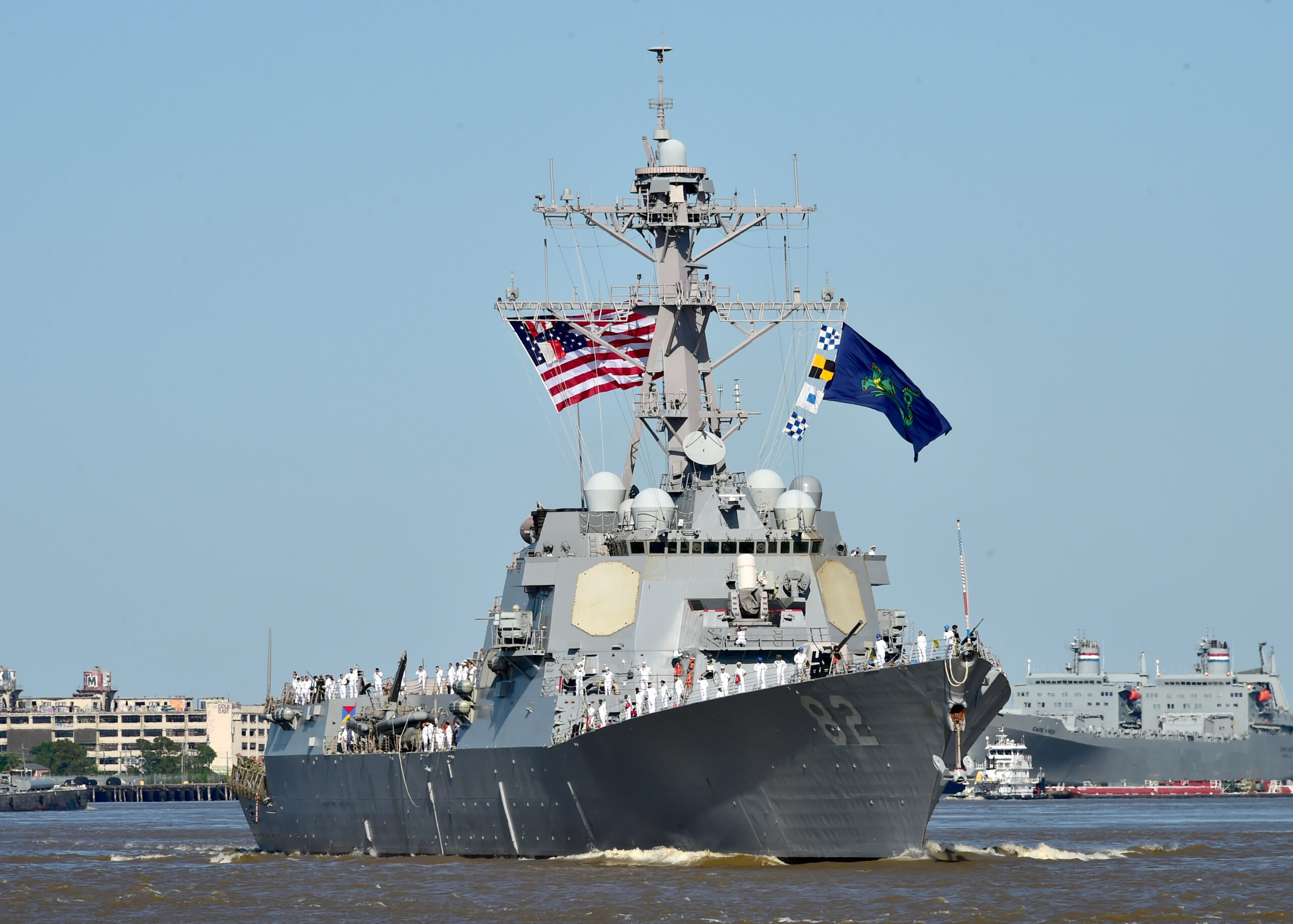 NEW ORLEANS (April 18, 2022) The guided-missile destroyer USS Lassen (DDG 82) arrives to the Julia Street Cruise Terminal in New Orleans officially kicking off Navy Week New Orleans 2022. Navy Weeks are designated to show Americans the investment they made in their Navy and increase awareness in cities that do not have a significant Navy presence. (U.S. Navy photo by Mass Communication Specialist 1st Class Micah Blechner)
