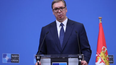 Serbian President Aleksandar Vucic speaks during a press conference at the NATO headquarters in Brussels, August 2022