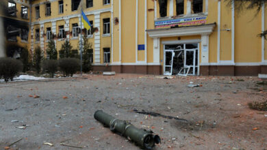 A destroyed school near the center of the Ukrainian city of Kharkiv