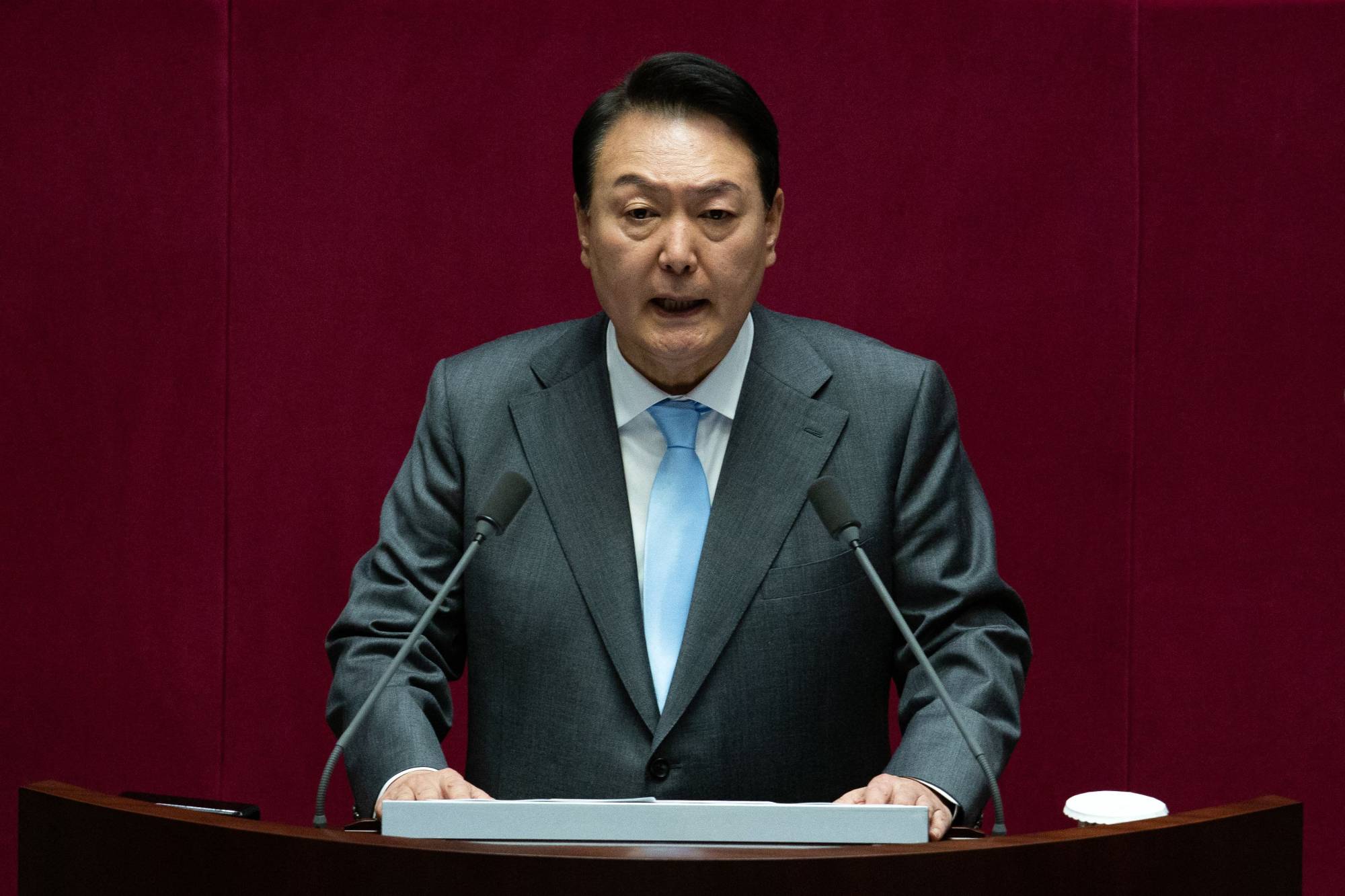 South Korean President Yoon Suk-yeol speaks at the National Assembly in Seoul