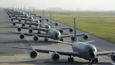 Twelve KC-135 Stratotankers from the 909th Air Refueling Squadron taxi onto the runway during exercise Forceful Tiger on Kadena Air Base, Japan, April 1, 2015. During the aerial exercise, the Stratotankers delivered 800,000 pounds of fuel to approximately 50 aircraft. (U.S. Air Force photo/Staff Sgt. Marcus Morris)