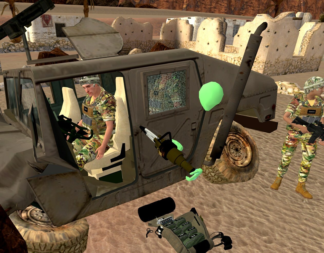 Depicted is an in-application image from a USAF combat extrication scenario developed by SimX as part of the project, in which a trainee is a hydraulic spreader to rescue wounded Warfighters from a damaged vehicle. (Image by SimX, Inc.)