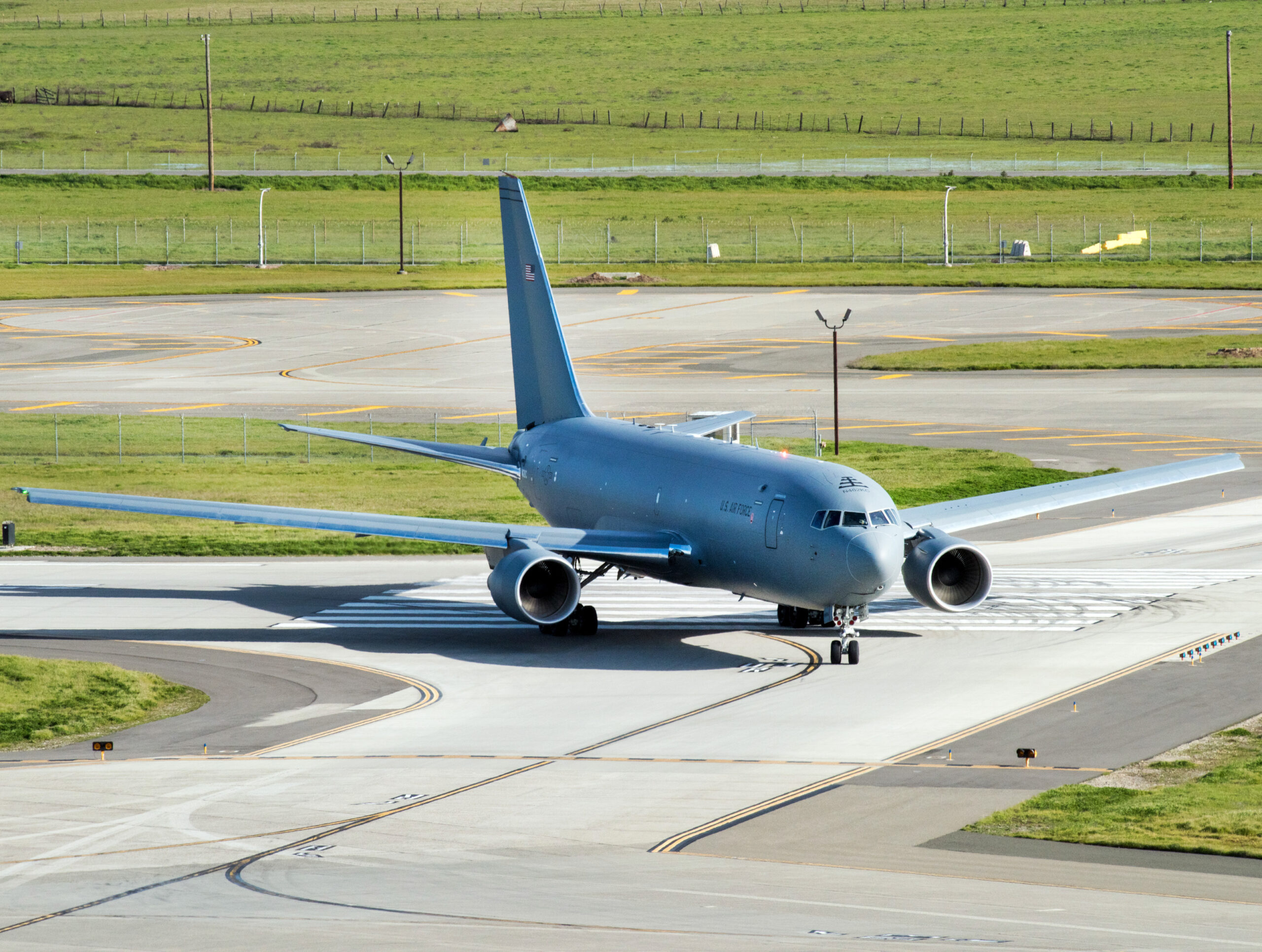 A KC-46A Pegasus arrives at Travis Air Force Base, Calif., Mar. 7, 2017. Travis was recently selected as one of the preferred locations for the next two active-duty-led KC-46A Pegasus bases. (U.S. Air Force photo/Louis Briscese)