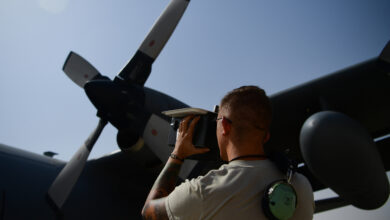 A U.S. Air Force avionics technician assigned to the 379th Expeditionary Aircraft Maintenance Squadron, performs an Identification, Friend-or-Foe check on a C-130 Hercules at Al Udeid Air Base, Qatar, Aug. 13, 2019. IFF is an identification system designed for command and control that enables military and national interrogation systems to identify aircraft, vehicles or forces as friendly, and to determine their bearing and range from the interrogator. (U.S. Air Force photo by Staff Sgt. Chris Drzazgowski)