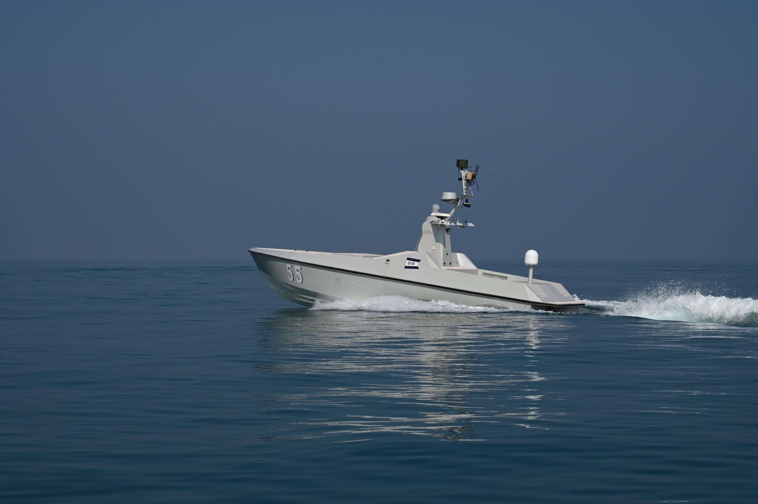 230122-N-ZA692-1374 ARABIAN GULF (Jan. 22, 2023) An L3 Harris Arabian Fox MAST-13 unmanned surface vessel sails in the Arabian Gulf, Jan. 22, during exercise Neon Defender 23. Neon Defender is an annual bilateral training event between U.S. Naval Forces Central Command and Bahrain that focuses on maritime security operations, and installation defense medical response. (U.S. Navy photo by Mass Communication Specialist 1st Class Anita Chebahtah)