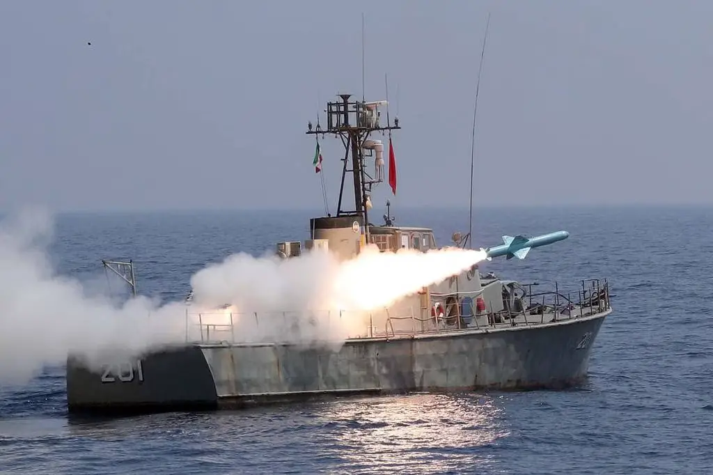 This image provided by the Iranian Army in September 2020 shows a Nasr missile fired from a ship during the second day of a military exercise in the Gulf, near the strategic Strait of Hormuz