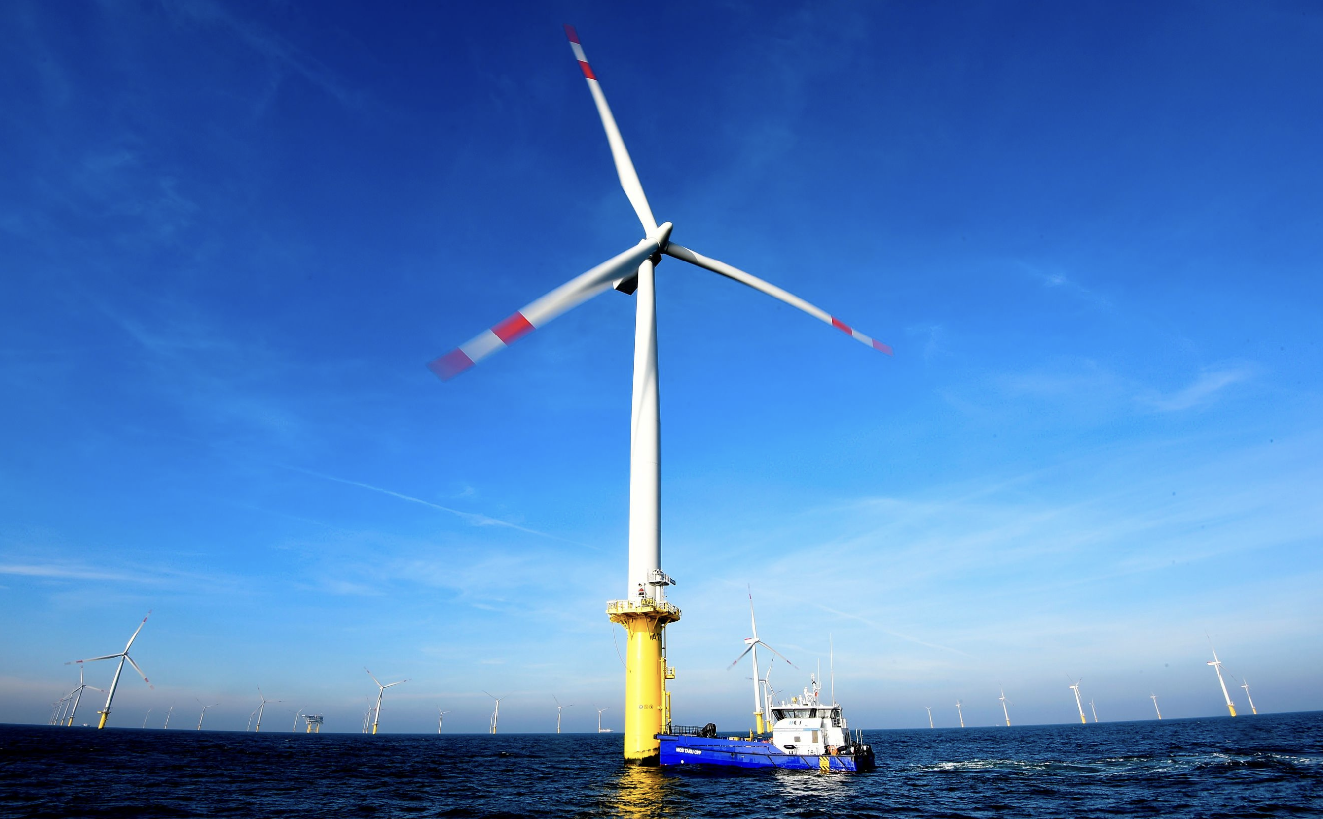 An offshore windfarm near the Heligoland archipelago in the North Sea
