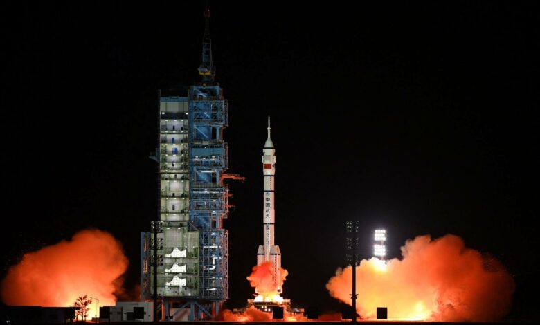 A Long March-2F rocket, carrying the Shenzhou-15 spacecraft with three astronauts to China's Tiangong space station, lifts off from the Jiuquan Satellite Launch Center in northwest China's Gansu province.