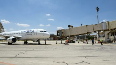 A Cham Wings Airlines Airbus is pictured at Syria's Aleppo airport after flights were diverted from Damascus following an Israeli strike