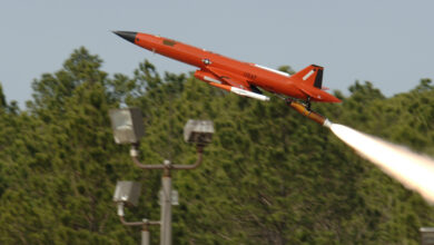 A BQM-167 Air Force Subscale Aerial Target is launched from Tyndall Air Force Base, Fla. The drone provides a threat-representative target for the Air Force Weapon System Evaluation Program. (U.S. Air Force photo/Bruce Hoffman)