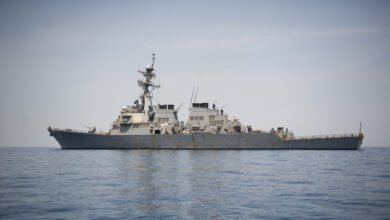 The guided missile destroyer USS Arleigh Burke (DDG 51) steams through the Persian Gulf April 15, 2014. The Arleigh Burke was underway in the U.S. 5th Fleet area of responsibility supporting maritime security operations and theater security cooperation efforts. (U.S. Navy photo by Mass Communication Specialist 2nd Class Carlos M. Vazquez II/Released)