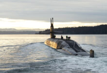 The Ohio-class ballistic missile submarine USS Louisiana (SSBN 743) transits Puget Sound following a 41-month engineered refueling overhaul at Puget Sound Naval Shipyard and Intermediate Maintenance Facility, Feb. 9, 2023. Louisiana is one of eight ballistic-missile submarines stationed at Naval Base Kitsap-Bangor, providing the most survivable leg of the strategic deterrence triad for the United States. (U.S. Navy photo by Mass Communication Specialist 1st Class Brian G. Reynolds)