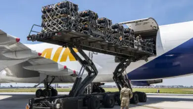 436th Aerial Port Squadron Airmen load cargo being delivered to Ukraine onto a contracted aircraft at Dover Air Force Base, Delaware, June 16, 2020. Contracted aircraft stopped at Dover AFB to pick up cargo as part of a foreign military sales project. The U.S. is committed to the sovereignty and territorial integrity of Ukraine. The two countries continue to strengthen their partnership first initiated in 1993. (U.S. Air Force photo by Senior Airman Christopher Quail)