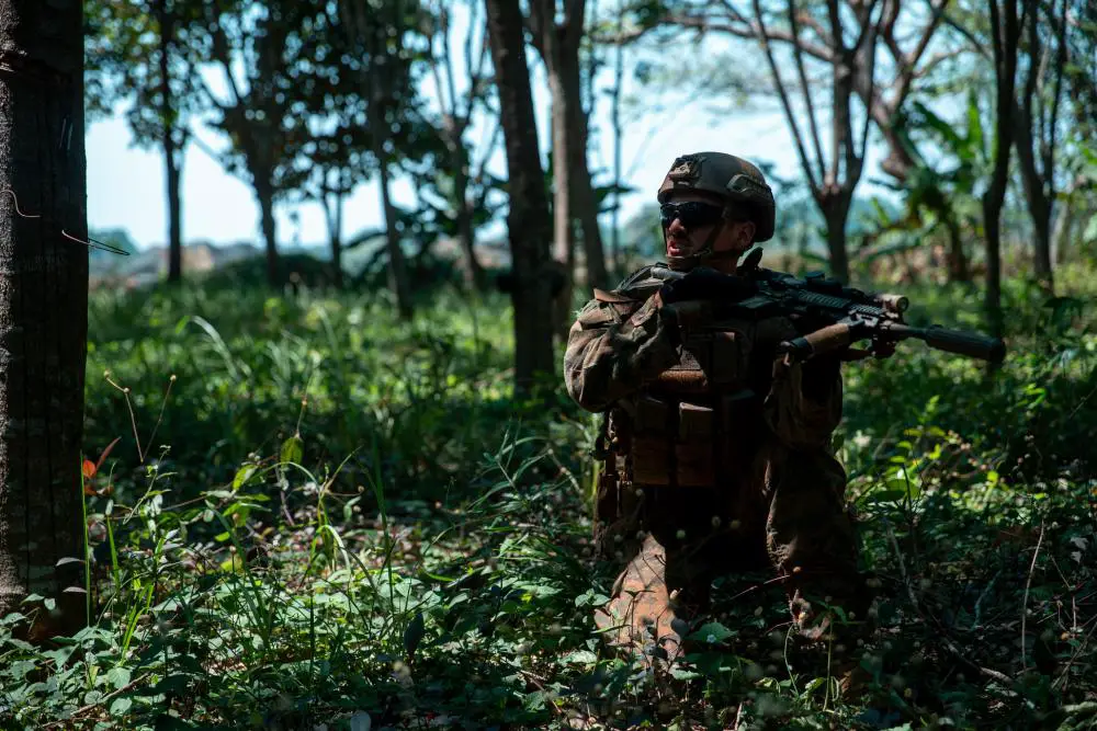 US Marine Corps rifleman conducts buddy rush drill during Exercise Cobra Gold at Chanthaburi Province, Kingdom of Thailand, March 1, 2023.