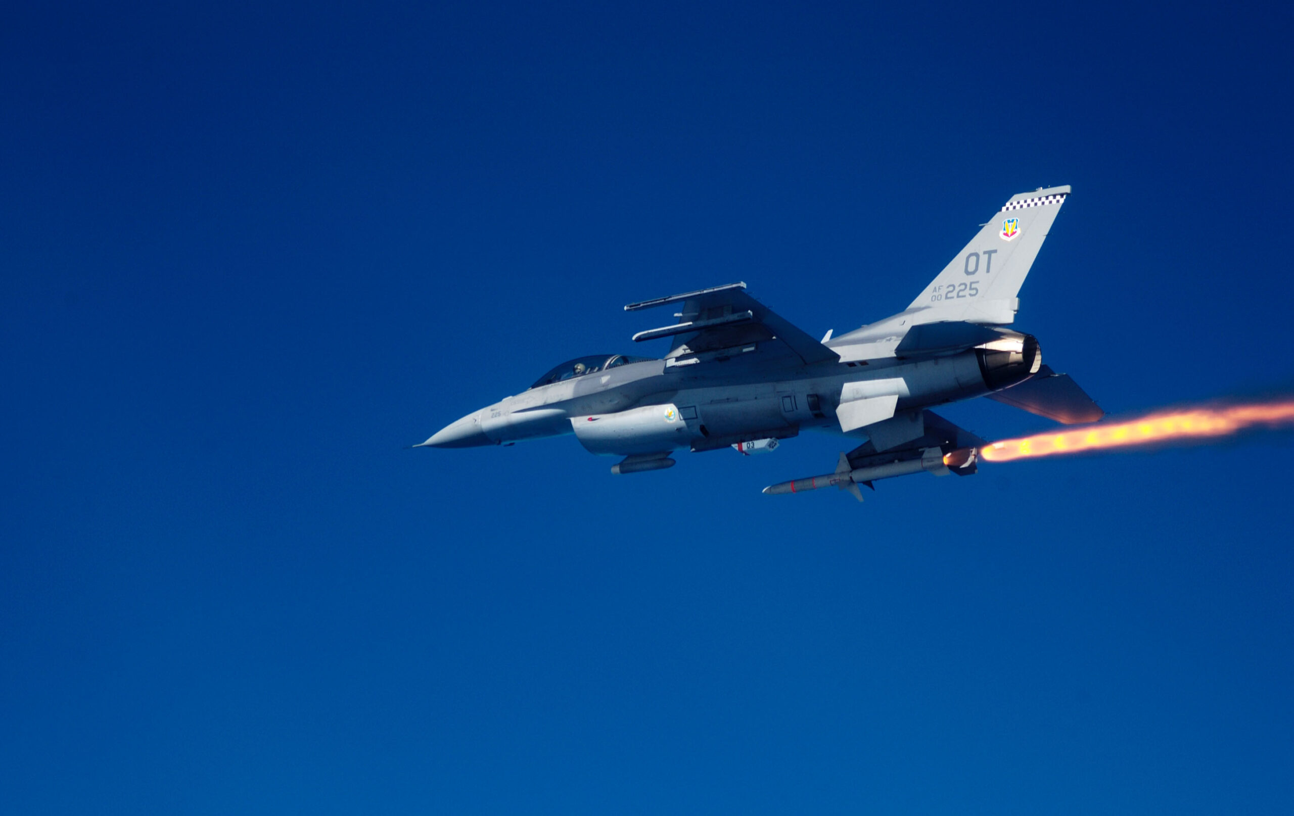F-16C Fighting Falcon firing an AGM-88 high-speed antiradiation missile at a target during a test mission