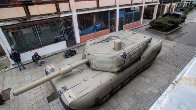 An inflatable decoy of an M1 Abrams tank is displayed during a media presentation in Decin, Czech Republic