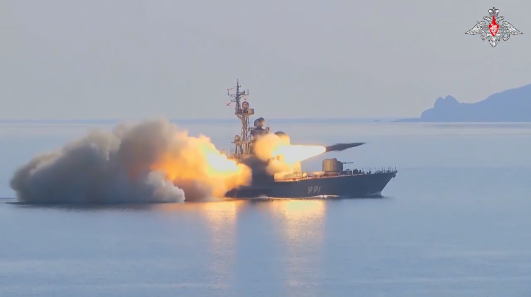 Russian navy boat launches an anti-ship missile test in the Peter The Great Gulf in the Sea of Japan