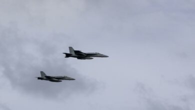 US Navy F/A-18E Super Hornets perform a fly-by