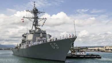 The Arleigh Burke-class guided-missile destroyer USS Milius (DDG 69) arrives in Pearl Harbor