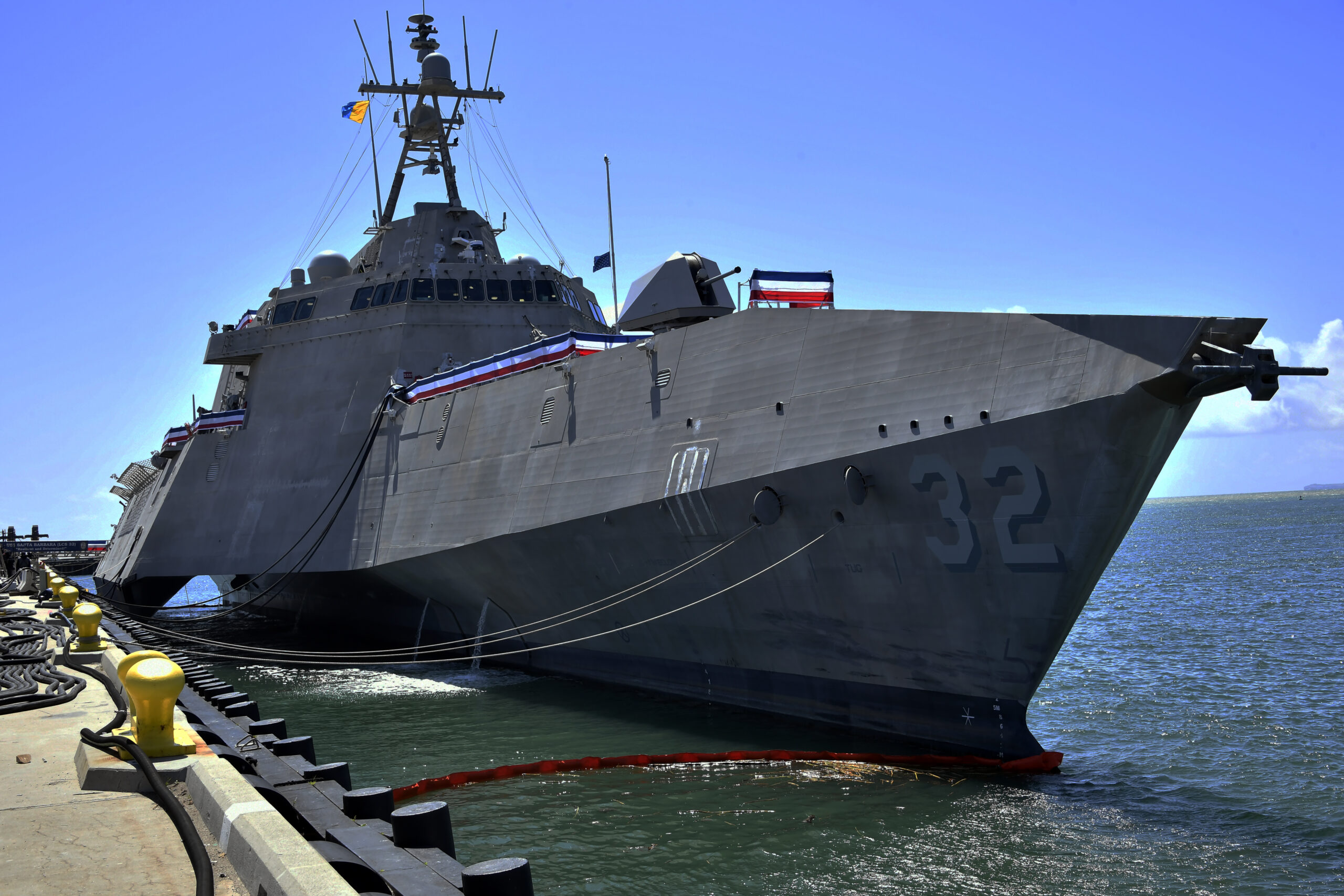 230331-N-AS200-0021 PORT HUENEME, Calif. (Mar. 31, 2023) The Independence-class variant littoral combat ship USS Santa Barbara (LCS32), is in port onboard Naval Base Ventura County (NBVC) for her Commissioning Ceremony, Mar. 31. NBVC is a strategically located Naval installation composed of three operating facilities: Point Mugu, Port Hueneme and San Nicolas Island. NBVC is the home of the Pacific Seabees, West Coast E-2D Hawkeyes, 3 warfare centers and 80 tenants. (U.S. Navy photo by Ensign Drew Verbis/Released)