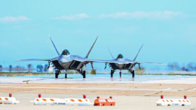 The first two F-22 Raptors, part of the incoming Formal Training Unit aircraft fleet, touch down at Joint Base Langley-Eustis, Virginia, Mar. 29, 2023. JBLE has been working hard over the last four years to prepare for the bed down of 30 additional F-22 Raptors and the establishment of the FTU. (U.S. Air Force photo by Airman 1st Class Mikaela Smith)