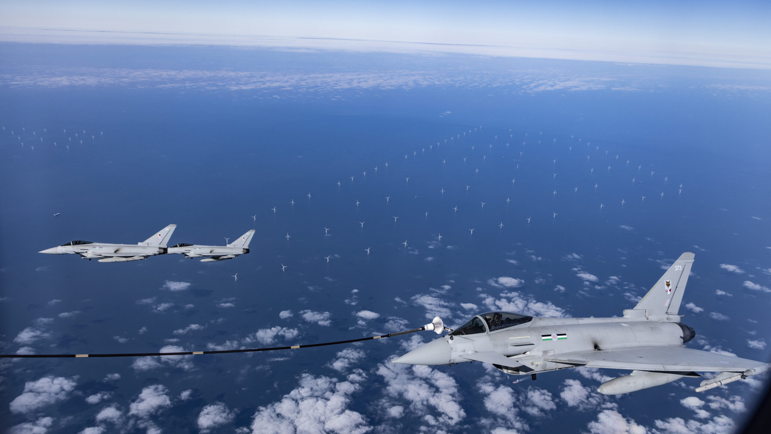 Voyager has refuelled with Typhoon jets over the North Sea. Powered by 43% Sustainable Aviation Fuel made from waste-based feedstocks such as cooking oil Continued #RAF work towards a sustainable aviation future.