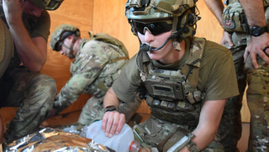 Airman 1st Class Caleb Strout, 17th Operational Medical Readiness Squadron flight medicine admin technician, supplies a simulated casualty with oxygen during a training exercise at Melrose Air Force Range, N.M. Aug. 16, 2022. The Medic Rodeo is designed to test the skills of Air Force medical technicians in both deployed and home installation environments. (U.S. Air Force photo by Airman 1st Class Zachary Heimbuch)