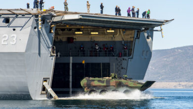 An Amphibious Combat Vehicle (ACV) with the 3rd Assault Amphibian Battalion, 1st Marine Division disembarks the well deck of amphibious transport dock ship USS Anchorage (LPD 23) during waterborne training in the Pacific Ocean, Feb. 12. The two-day waterborne training evolution focused on safety and transport capabilities for both the Marine Corps and Navy and is a part of a larger training plan to refine tactics and doctrine for amphibious operations.