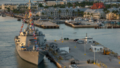 230508-N-IW125-1003 KEY WEST, Fla. (May 8, 2023) - The Navy’s newest Arleigh Burke-class guided-missile destroyer, USS Lenah Sutcliffe Higbee (DDG 123) sits at Naval Air Station Key West’s Truman Harbor ahead of her commissioning ceremony in Key West, Florida. DDG 123 is the second U.S. Navy warship to honor Lenah Sutcliffe Higbee. Higbee was the first woman to receive the Navy Cross for her leadership of the Navy Nurse Corps during World War I. Naval Air Station Key West is the state-of-the-art facility for combat fighter aircraft of all military services, provides world-class pierside support to U.S. and foreign naval vessels, and is the premier training center for surface and subsurface military operations. (U.S. Navy photo by MC2 Nicholas V. Huynh/Released)