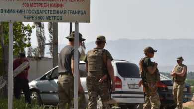 Kyrgyz border guards patrol near the Kyrgyz-Tajik border
