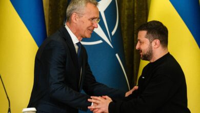 NATO head Jens Stoltenberg shakes hands with Ukrainian President Volodymyr Zelensky at the end of a joint press conference in Kyiv, on April 20, 2023, amid the Russian invasion of Ukraine
