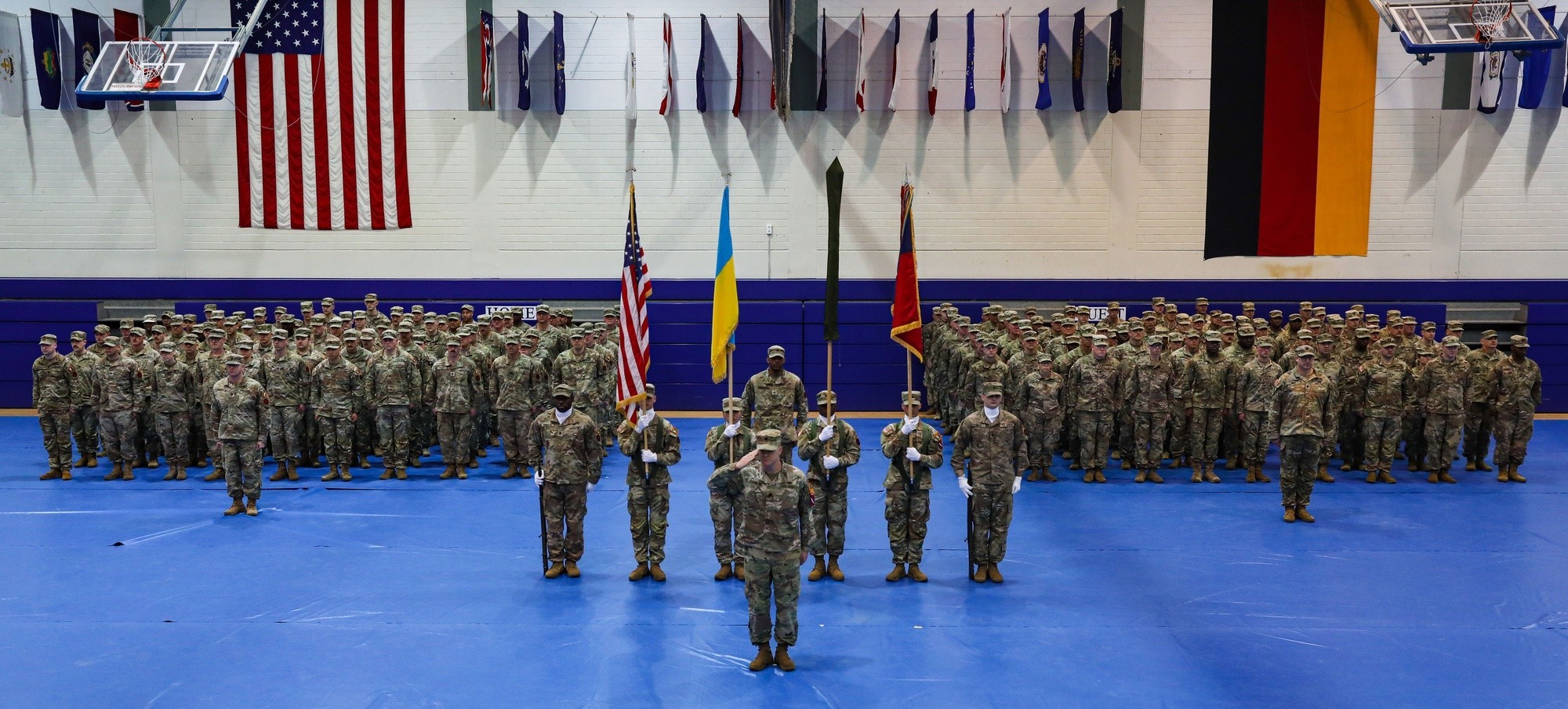 Authority over the Joint Multinational Training Group — Ukraine mission is transferred from Task Force Orion, 27th Infantry Brigade Combat Team, New York Army National Guard, to Task Force Bowie, 39th IBCT, Arkansas Army National Guard, during a ceremony in Grafenwoehr, Germany, April 28, 2023. JMTG-U ensures the combat effectiveness of Armed Forces of Ukraine soldiers training on systems and equipment issued under the U.S.’ Presidential Drawdown Authority, and training in combined arms and joint maneuver. (Spc. Christian Carrillo)