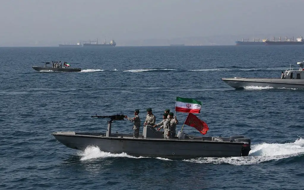 Iranian soldiers take part in the National Persian Gulf Day in the Strait of Hormuz
