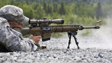 Spc. Wesley Cullman, Headquarters and Headquarters Company, 3rd Battalion (Airborne), 509th Infantry Regiment, engages targets during M110 Semi-Automatic Sniper System qualifications at Grezelka Range, June 25, 2013. (U.S. Air Force photo/Percy G. Jones)