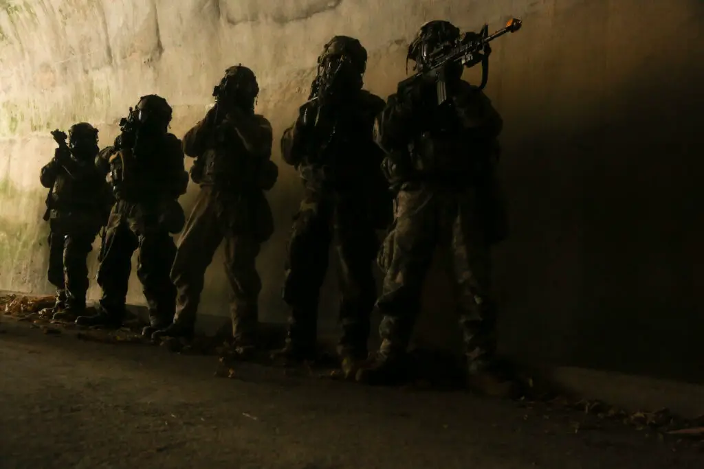 CAMP STANLEY, Republic of Korea – Soldiers from 1st Battalion, 5th Cavalry Regiment, 2nd Armored Brigade Combat Team, 1st Cavalry Division assault and exploit the underground facility at Camp Stanley during Warrior Strike IX on December 15, 2017. Warrior Strike IX is a regularly scheduled combined training exercise between the U.S. Army and the Republic of Korea Army. Warrior Strike IX is a 4-day training event taking place at multiple locations throughout South Korea. (U.S. Army Photo by Pfc. Isaiah Scott)
