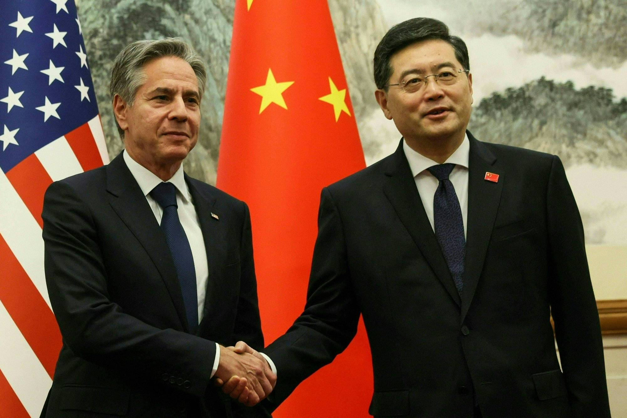 US Secretary of State Antony Blinken and China's Foreign Minister Qin Gang shake hands ahead of a meeting at the Diaoyutai State Guesthouse in Beijing