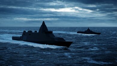 A sketch of the navy's new surface combat ship on the left, to be compared with the smaller already existing Visby corvette. Photo: Swedish Armed Forces/Saab