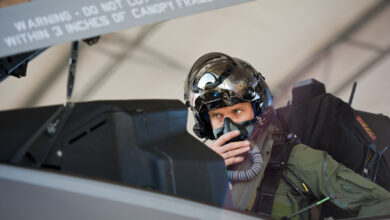 Royal Australian Air Force Squadron Leader Andrew Jackson, F-35 Lightning II student pilot, prepares to take off on his final training mission from Eglin Air Force Base, Fla., April 23, 2015. Jackson made history as the first Australian pilot to fly in the F-35A. The fifth-generation aircraft will meet Australia’s future air combat and strike needs, providing a networked force-multiplier effect in terms of situational awareness and combat effectiveness. (U.S. Air Force photo/Staff Sgt. Marleah Robertson)