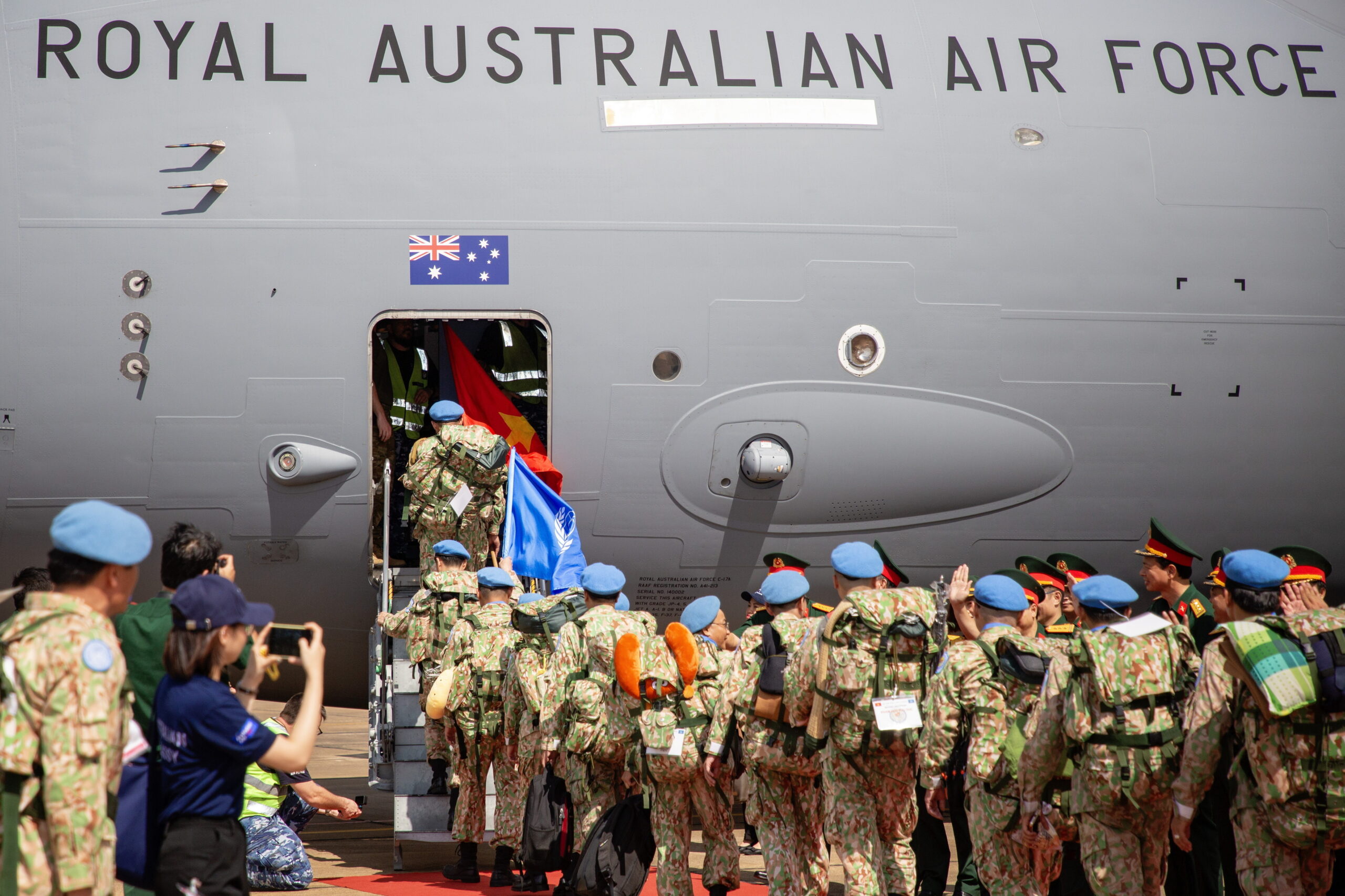 A Royal Australian Air Force C-17A Globemaster has transported over 60 Vietnamese military personnel deploying to the United Nations Mission (UNMISS) in South Sudan in June 2023. The flight provided a strategic airlift to Vietnamese soldiers and equipment from Ho Chi Minh city to Juba, enabling Vietnam to rotate their staff at the role 2 field hospital.