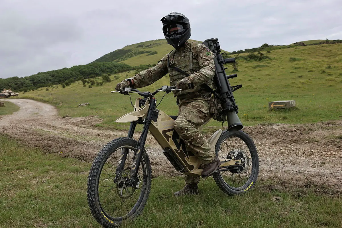 UK Armed Forces demonstrating the Stealth H-52 electric bike as part of Project VIRTUO at Lulworth Range in the UK.