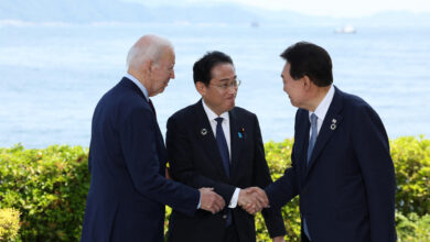 US President Joe Biden, Japanese Prime Minister Fumiko Kishida, and South Korean President Yoon Suk Yeol hold a trilateral meeting on the sidelines of the 2023 G7 Summit in Hiroshima