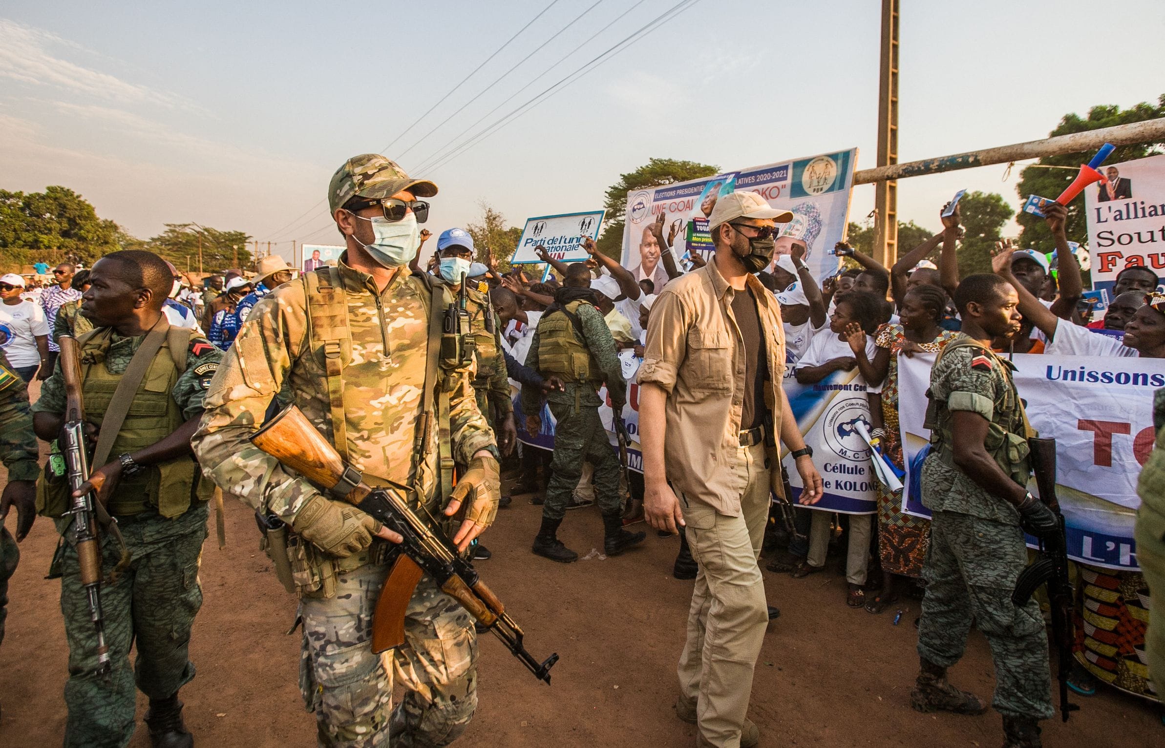 Russian and Rwandan security forces take measures around the site during election meeting in Bangui, Central African Republic