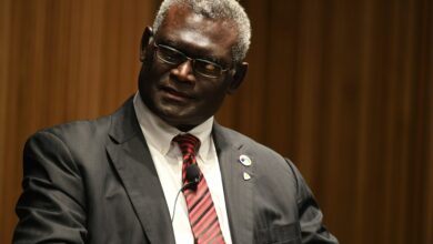 Solomon Islands Prime Minister Manasseh Sogavare speaks during a panel discussion at the Lowy Institude in Sydney