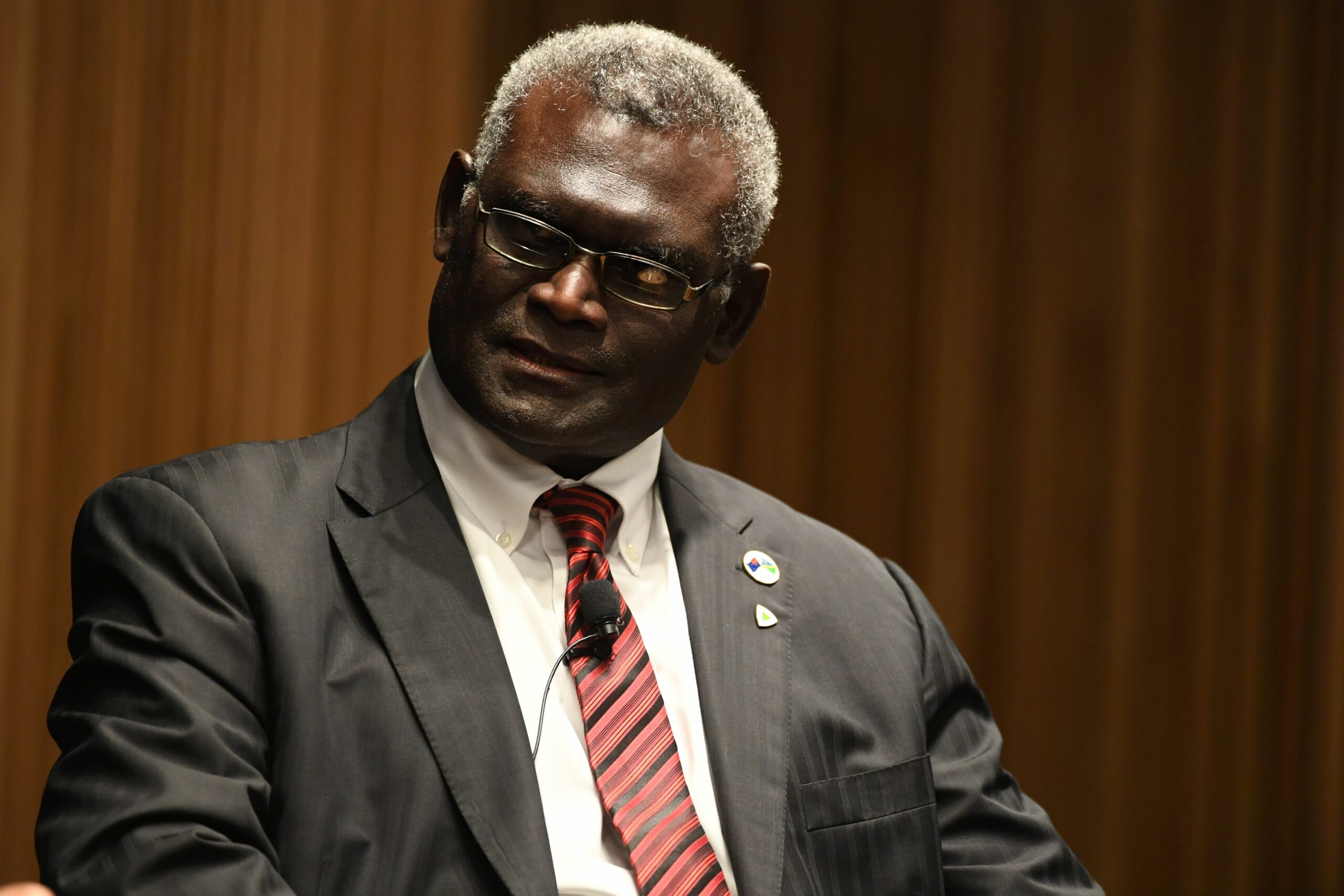 Solomon Islands Prime Minister Manasseh Sogavare speaks during a panel discussion at the Lowy Institude in Sydney
