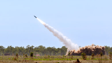 A United States Army M142 High Mobility Artillery Rocket System (HIMARS) fires a MGM-140 Army Tactical Missile System (ATACMS) at Delamere Air Weapons Range, Northern Territory.