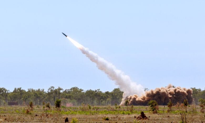 A United States Army M142 High Mobility Artillery Rocket System (HIMARS) fires a MGM-140 Army Tactical Missile System (ATACMS) at Delamere Air Weapons Range, Northern Territory.