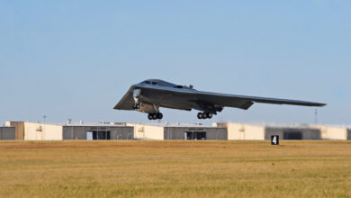 A B-2 Spirit launches from the runway during an exercise at Whiteman Air Force Base, Mo., Nov. 8, 2015. The B-2 Spirit is a multi-role bomber capable of delivering both conventional and nuclear munitions. (U.S. Air Force photo by Tech. Sgt. Miguel Lara III)