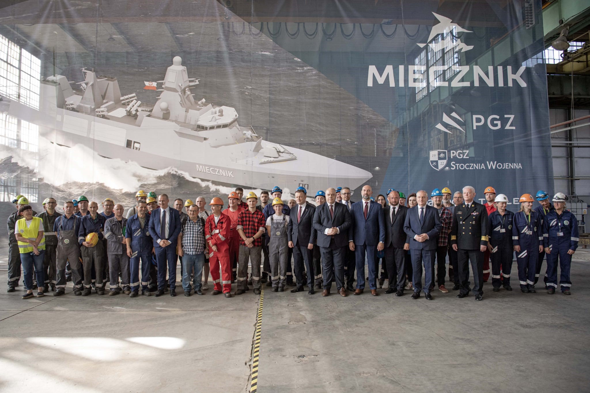 Steel cutting ceremony for Polish Navy's first Miecznik frigate at the PGZ Naval Shipyard in Gdynia.
