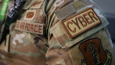 A cyber duty identifier patch is worn by an US Air Force 1st Lt. cyberspace operations officer