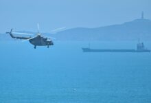 A Chinese military helicopter flies past Pingtan island, one of mainland China’s closest points to Taiwan